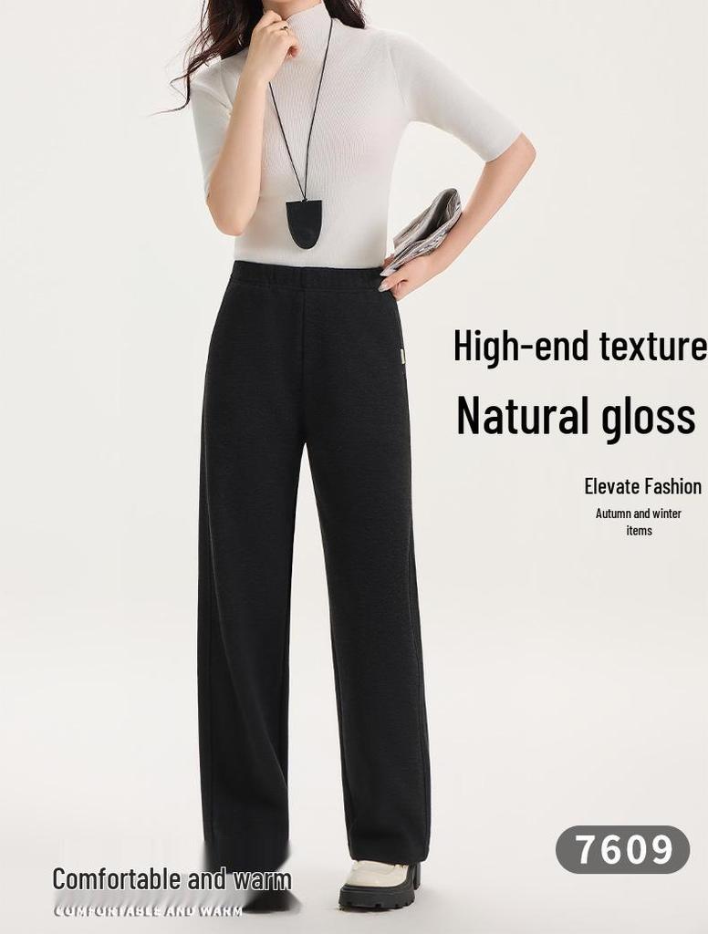 Women's High Waist White Wool-Blend Fleece Pants - Slimming, Versatile, Straight/Wide Leg Winter Casuals.