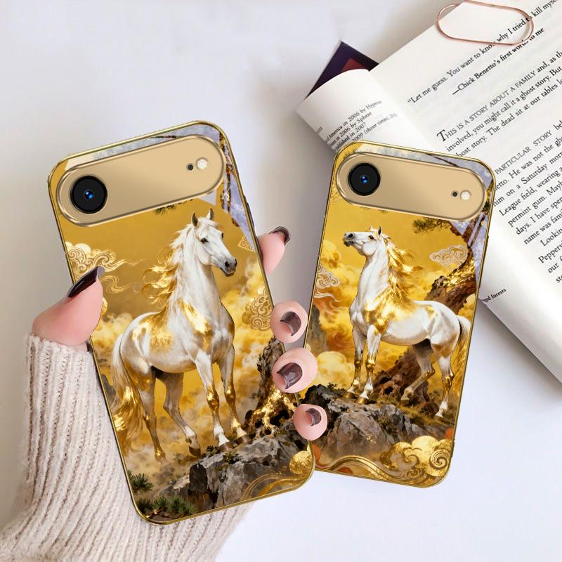 Tall and Sturdy Horse For IPhone 17Pro Max 16 17 Pro 15 Pro 14 13 Plus 12 Mini 11Pro Max XR 16E 17 Air Golden Glass Phone Case