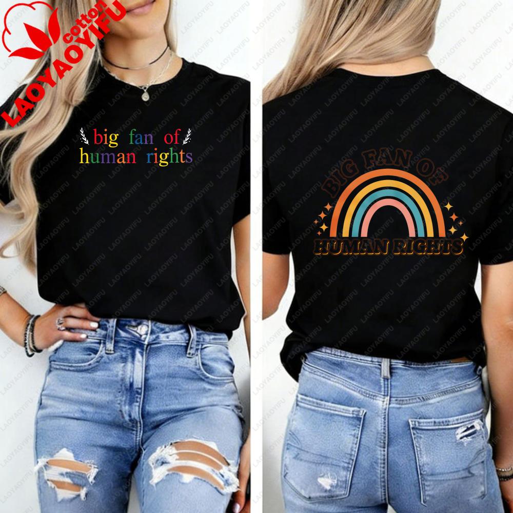 Big Fan of HuUnisex Rights Graphic TShirt Retro Rainbow Print On Front Back Crew Neck Short Sleeve Tee for Unisex Unisex Tops