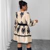 High-Waisted Long-Sleeve Round Neck Puff Sleeve Printed Dress for Women