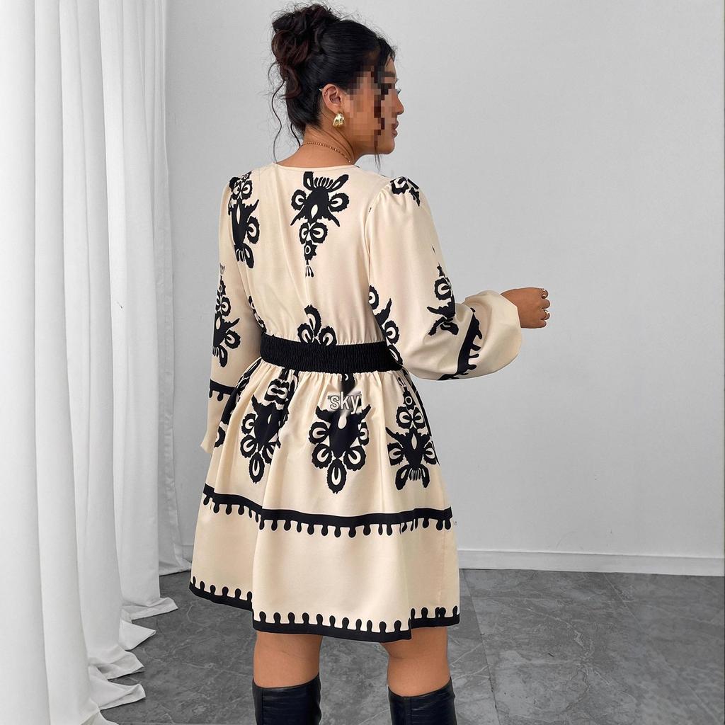 High-Waisted Long-Sleeve Round Neck Puff Sleeve Printed Dress for Women