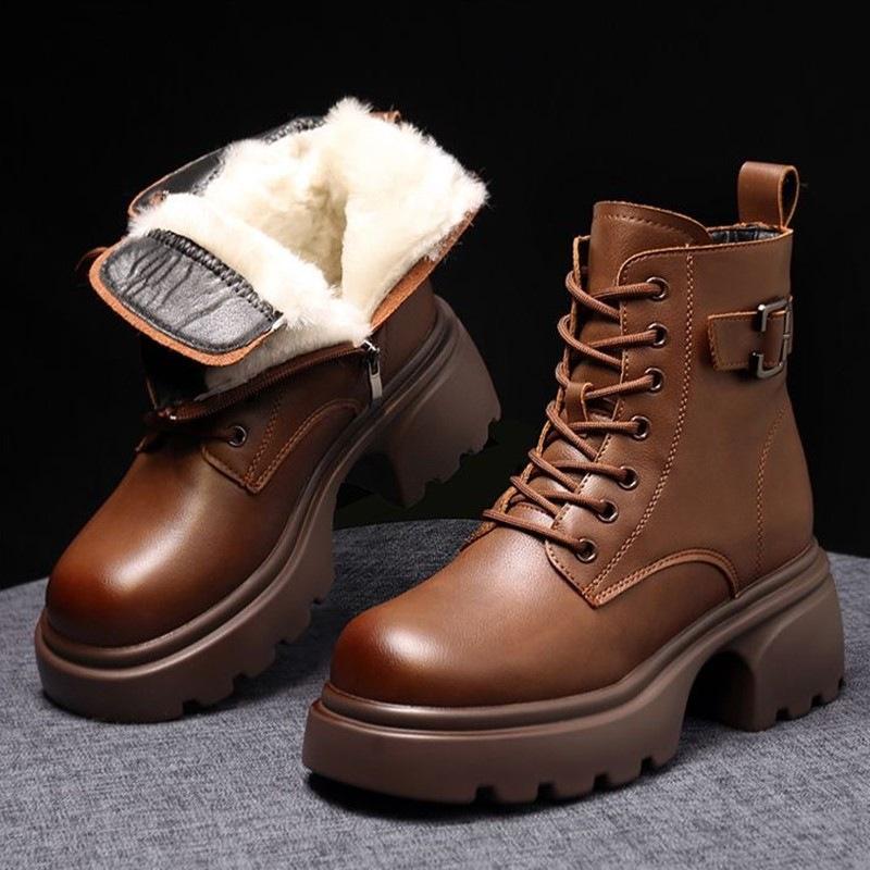 Soft Leather Platform Martin Boots Women's 2025 Winter British Wind Cotton Boots Thick Heel Short Boots Cotton Shoes Piled Thickened Snow Boots
