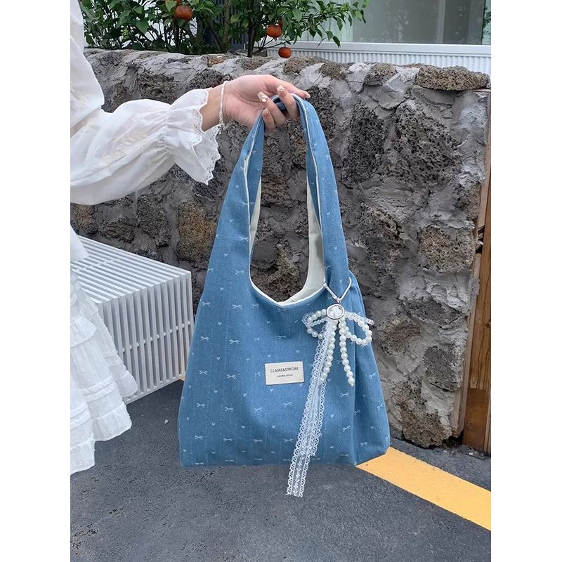 

Bai Tiya Korean Series Denim Blue Bow Canvas Bag Women s Large Capacity Lazy Commuter Shoulder Tote Bag Dark blue-No Hanging
