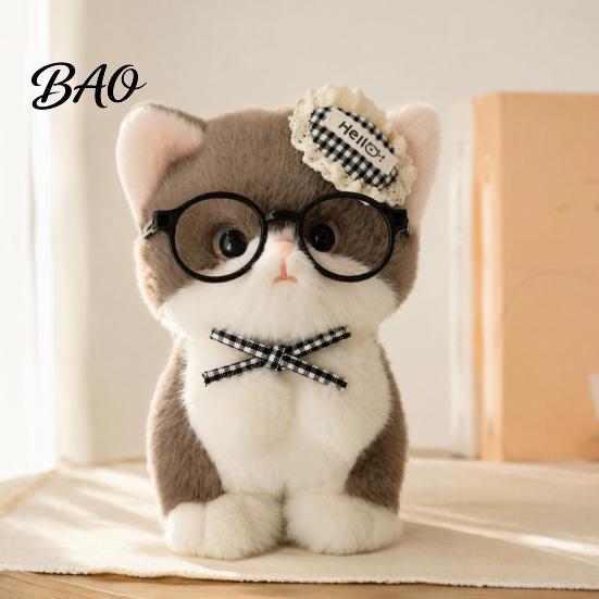 Stuffed Toy Keychain Cute Plush Kitten Pendant with Glasses And Tie, Soft Animal Polyester for Backpacks Keys, Decorative Hanging Plushie Kids Fabric