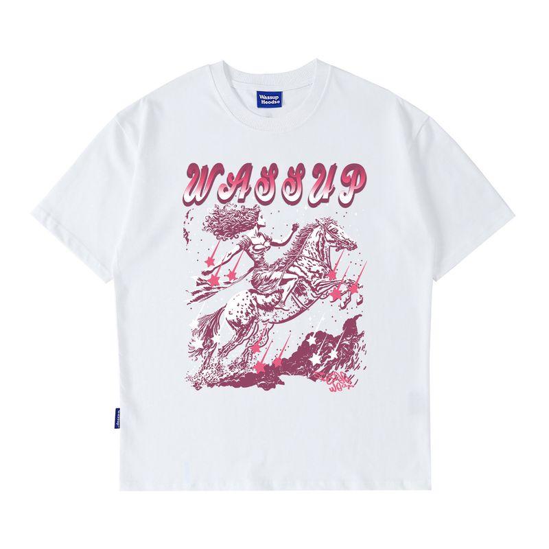 Wassup Heods Trendy Brand Design Short-Sleeve T-Shirt for Men, New Summer Style, Pure Cotton, Versatile, Heavyweight Couple Outfit