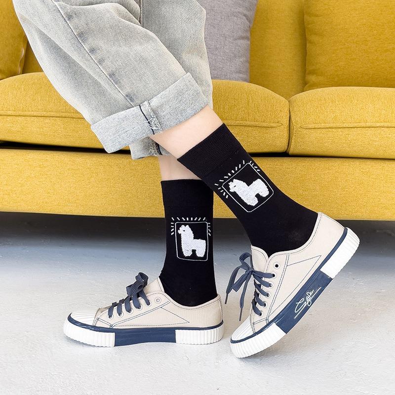 Socks women's spring and autumn tube socks cute cartoon black and white gray alpaca women's socks versatile college style stockings