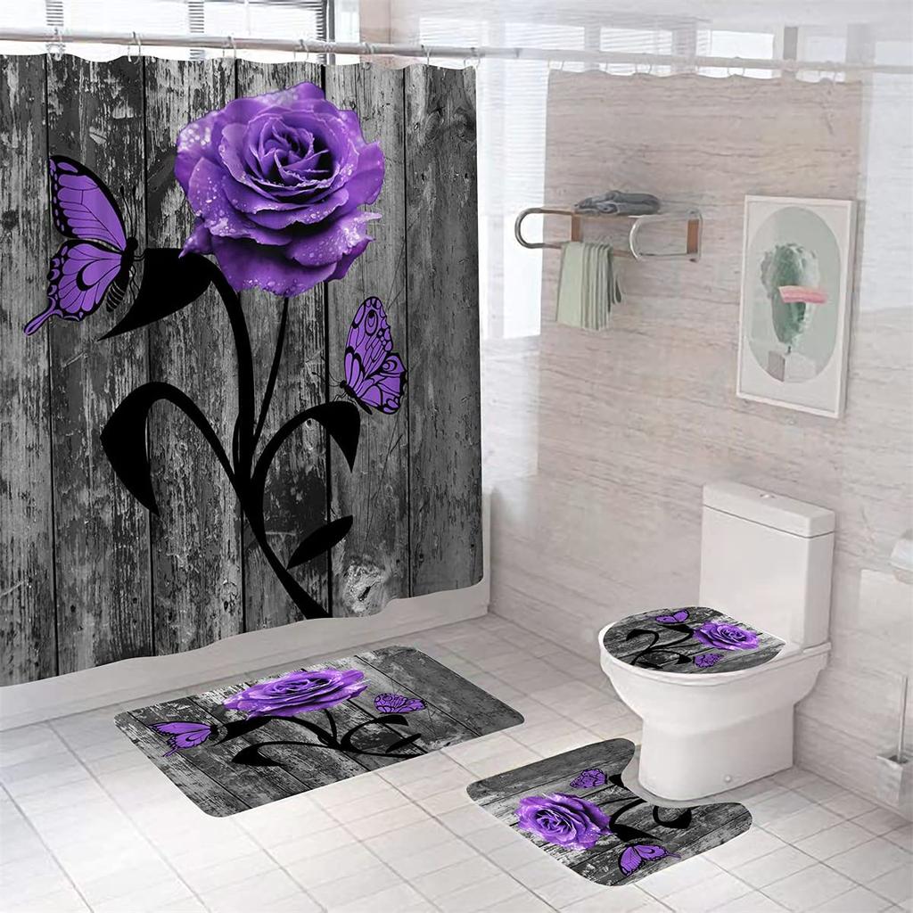 Purple Rose Moon Shower Curtain Waterproof Polyester Washable Non-Slip Mat Rugs Carpet Toilet Seat Cover Bathtub Bathroom Decor