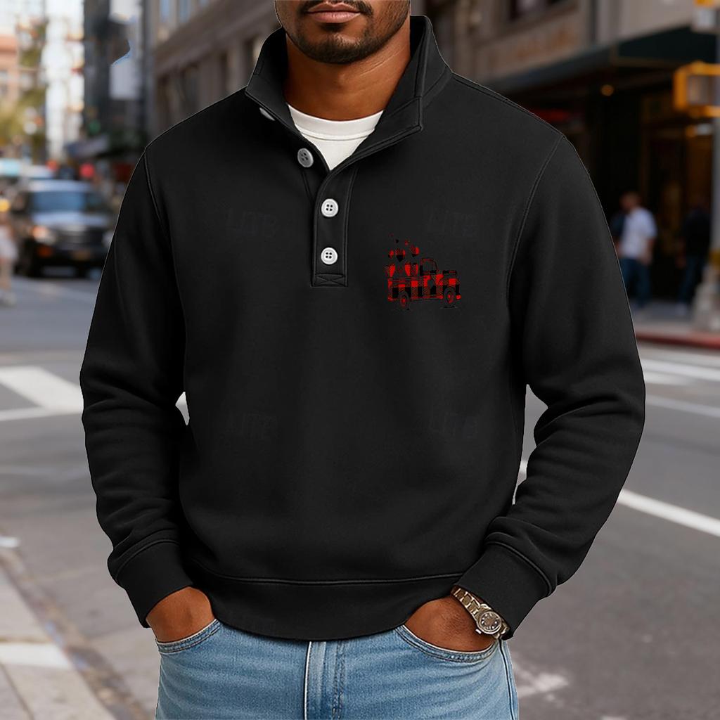 Men's Casual Stand-Up Collar Long-Sleeve Top Print Button-Down Sweatshirt