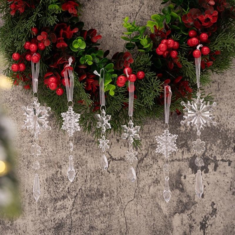Pack of 6 Christmas Tree Hangings Snowflakes Charm Ornament Acrylic Indoor Outdoor Decoration Festival Accessories