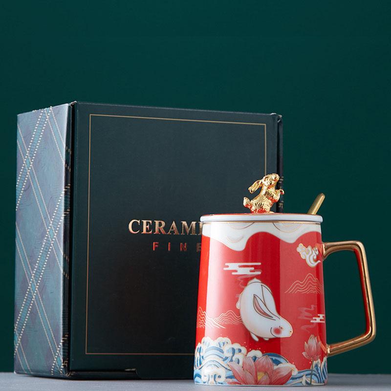 430ml Chinesischer Stil Kaninchen Kaffeetasse Mit Geschenkbox Keramik Tiere Tasse Mit Löffel Und Deckel Jubiläum Weihnachten Geburtstag Geschenk