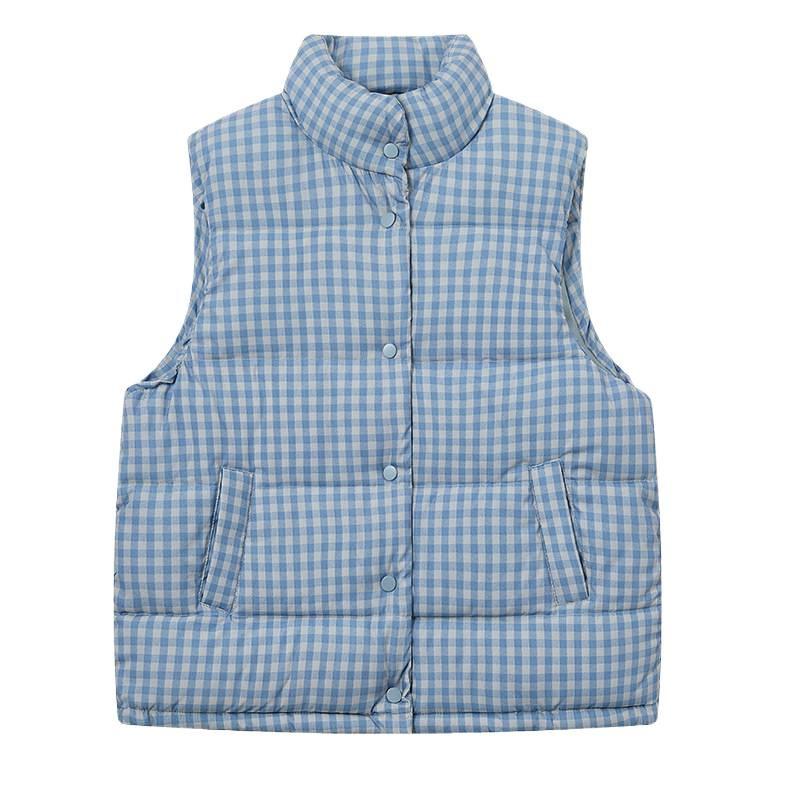 Women's Winter Down Vest Short Stand Collar Loose Blue Plaid