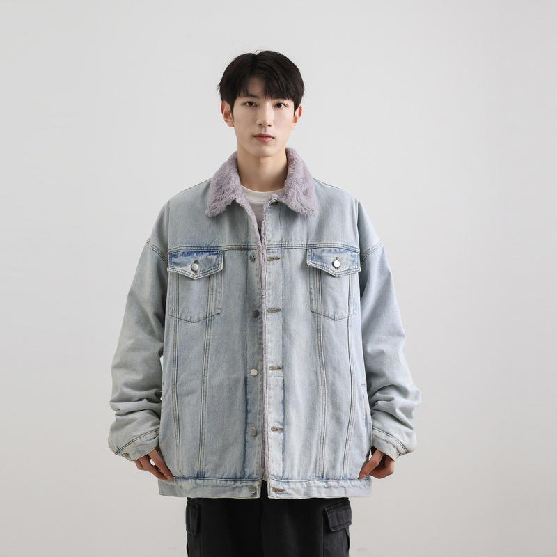 2025 Men's Autumn/Winter Denim Jacket with Faux Rabbit Fur Collar, Cotton Texture, Fleece-Lined, Washed Finish.