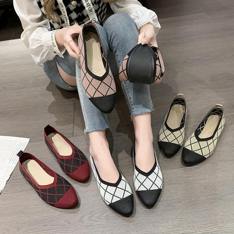 Women's Round Head Flat Shoes Mixed Color Knitted Slip on Shoes Casual Breathable Ballet Flats Woman Flat Shoes  Loafers Female