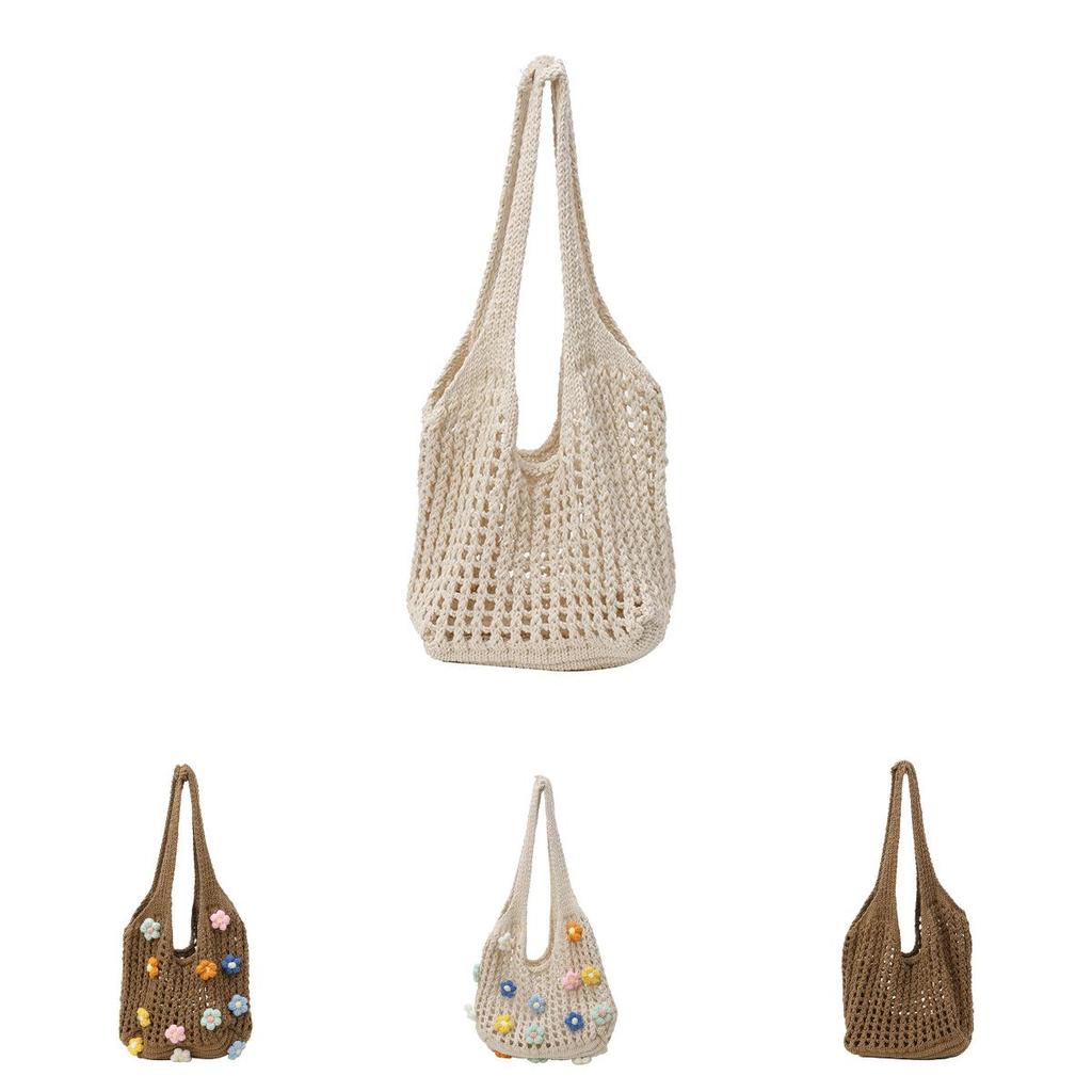 Summer Knitted Flowers Tote Bag With Woven Design For Casual Daily Use