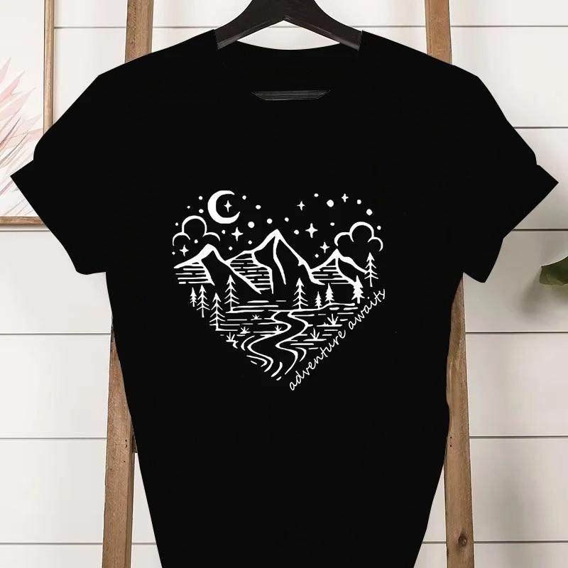 Fashion Women Summer Mountain Hiking Camping Print Adventure Awaits Crew Neck Short Sleeve Tee Tops