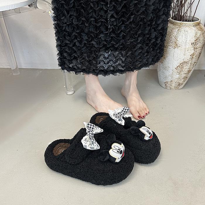 Cute Cartoon Mickey Non-slip and Versatile One-word Fluffy Slippers Women's 2025 Autumn and Winter New Thick-bottomed Warm Cotton Slippers