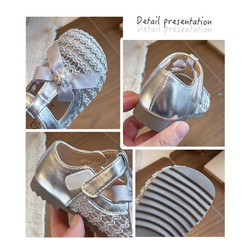 Girls Breathable Mesh Cutout Shoes With Pearl Bow