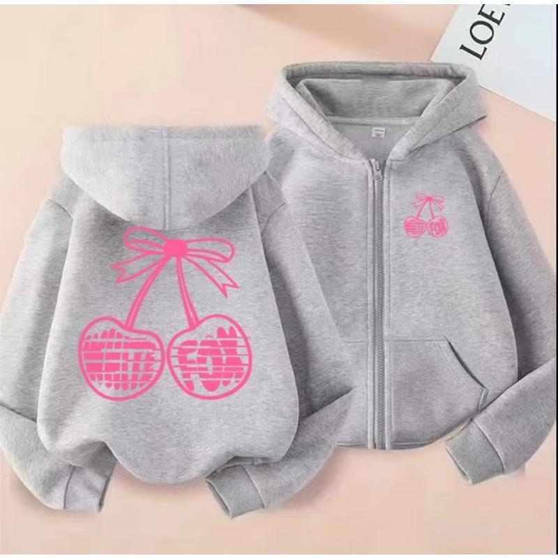 Cherry Print Zipper Hooded Women's Spring and Autumn Loose Back Large Pattern Cardigan Sweatshirt