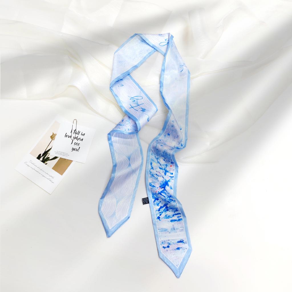 French green small long narrow silk scarf women's spring and autumn pointed corner tied bag ribbon braided hair band headgear scarf streamer belt
