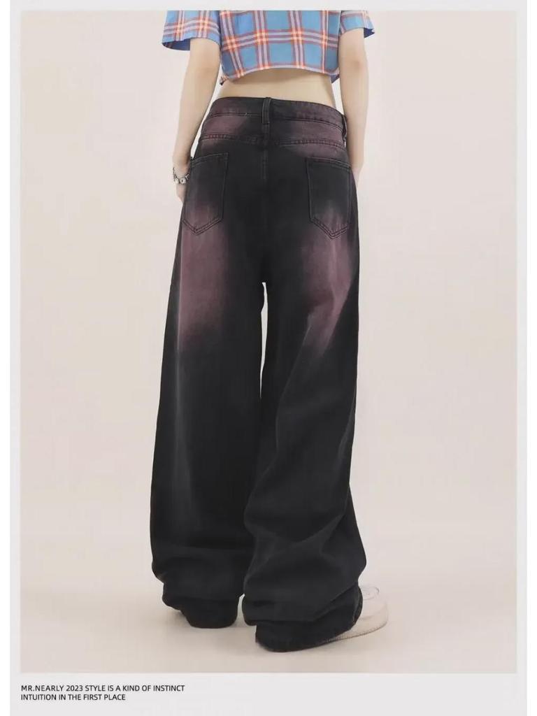 Women's 2024 Black & Gray High-Waist Wide-Leg Jeans - Loose, Slim, Straight, Floor-Length Style