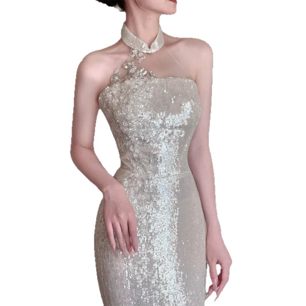 Fishtail Toast Dress Bride Sequined Banquet Neck Evening Dress Engagement Light Luxury Niche Going Out Yarn Welcome Dress Skirt