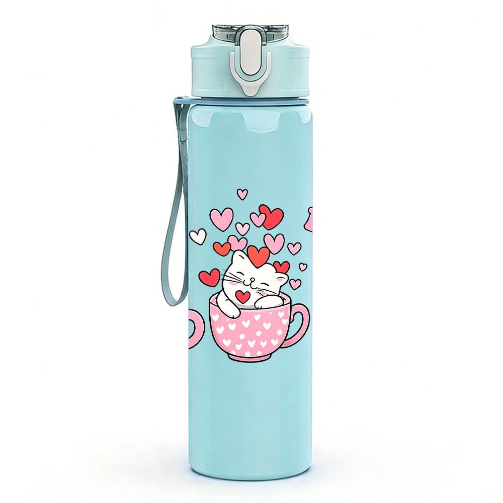 1PC Cute Tea Cup Cartoon Print 750ml Color Plastic Sports Water Bottle Leakproof Flip Straw Lid Suitable for Sports Office Home Use