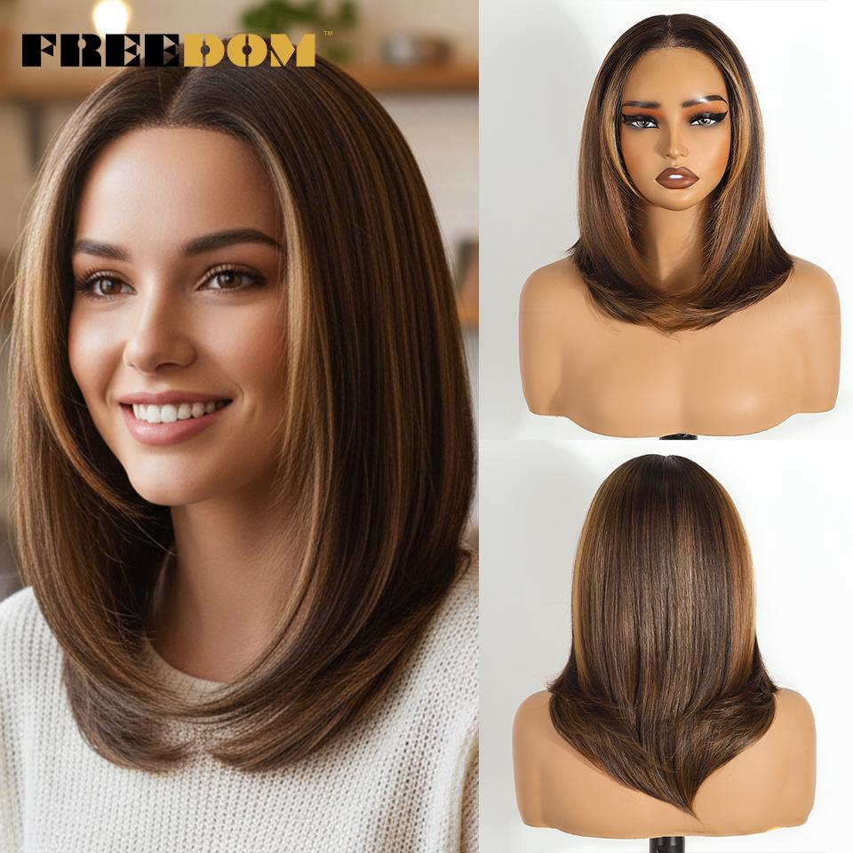 FREEDOM Synthetic Lace Front Wigs For Women Short Bob Layered Straight 6x4 Wear And Go Glueless Wig Ombre Pre Plucked Lace Wigs