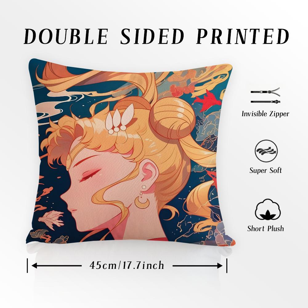 S-SAILOR Anime M-MOON Pillow Case Pillowcase Anti-dustmite Pillow Invisible Zipper Silky Short Plush Sofa Cushion Cover