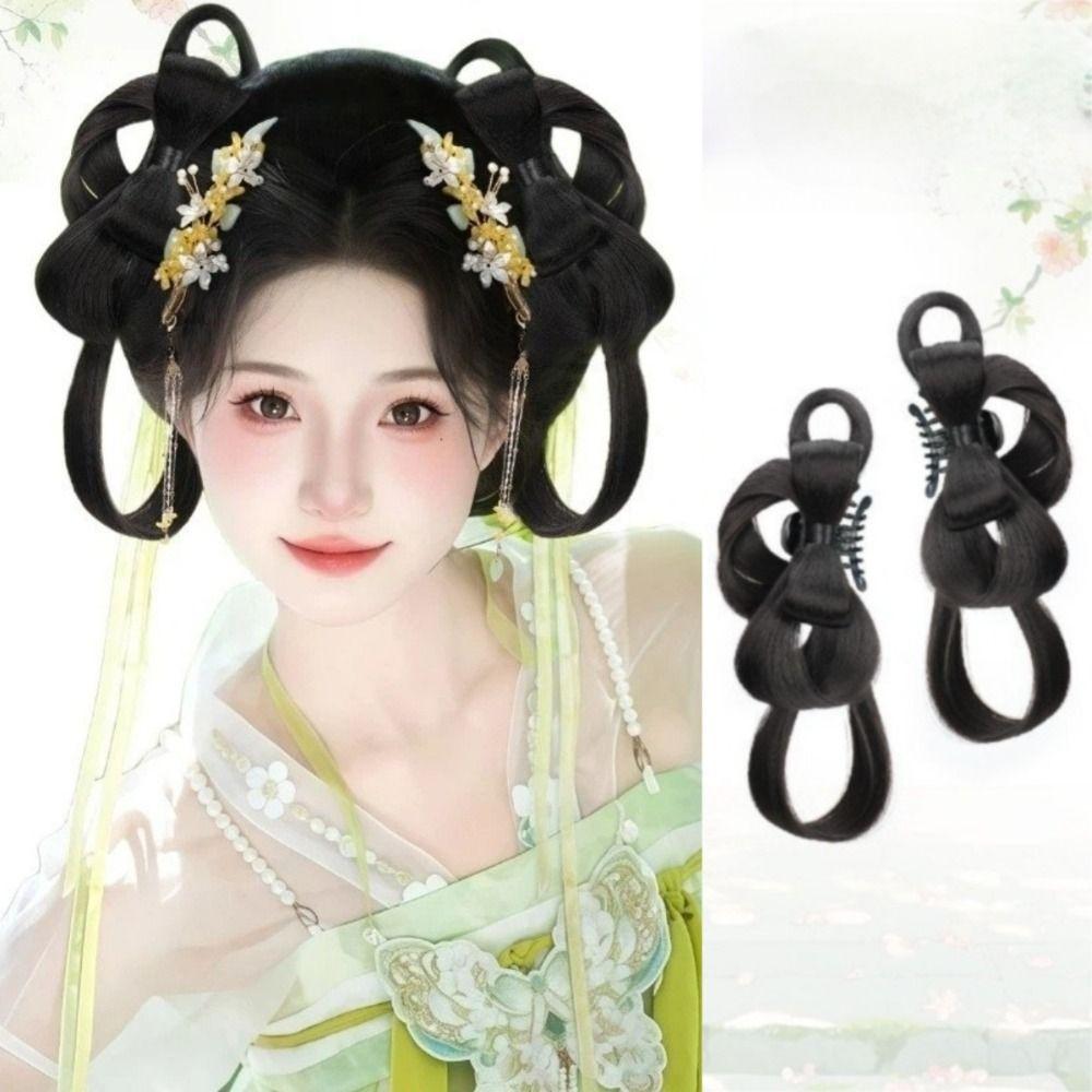 2Pcs Synthetic Hanfu Ancient Costume Wigs Black Princess Hair Bun Cosplay Wig  Photography