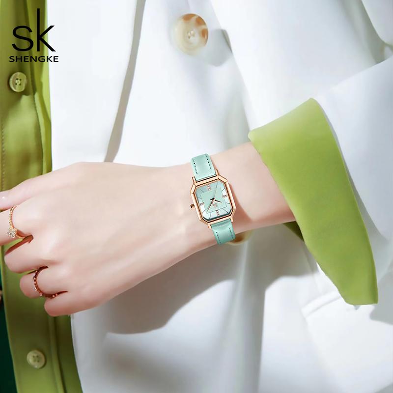 SHENGKE Fashion Black Leather Strap Woman Watches Top Luxury Women's Quartz Wristwatches Reloj Mujer Zegarek Damski