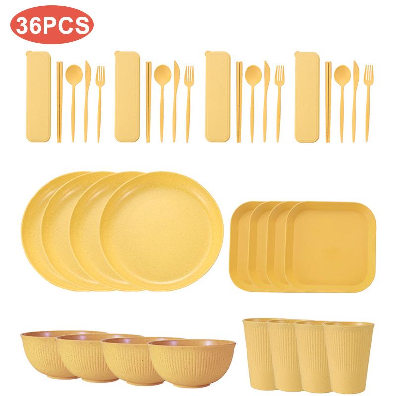 32/36pcs Wheat Straw Cutlery Set Spoon Fork Chopsticks Tableware Picnic Camping Cup Bowl Dish Dinnerware Set Kitchen Accessories
