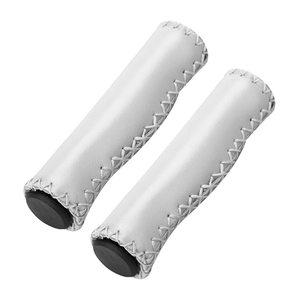1 Pair Hand stitched PU Bike Bicycle Handlebar Handle Bar Grips with Plug(White)