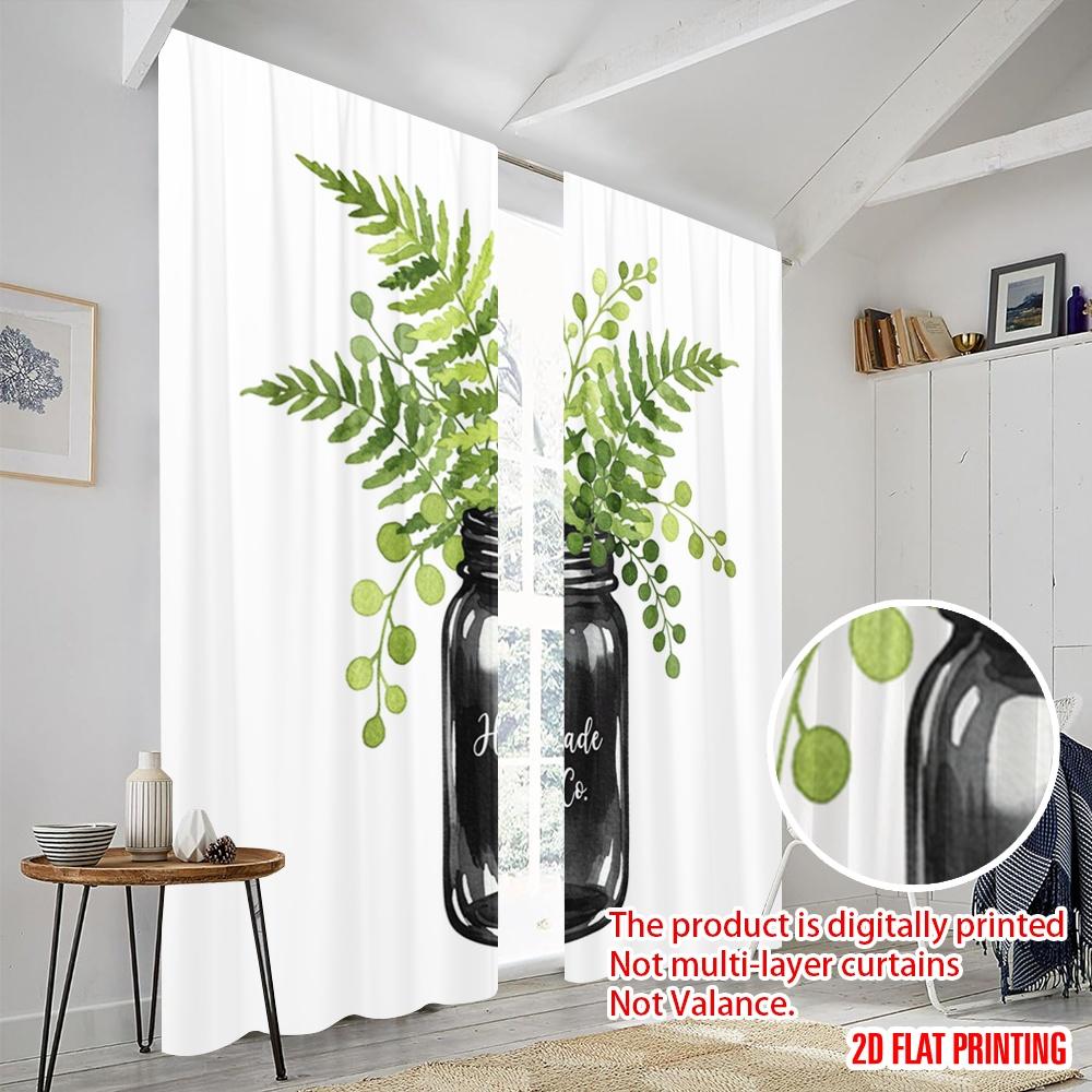 2pcs 2D flat printing Window Curtains Watercolor Mason Jar Ferns 100% Polyester Fabric Without Electricity Festive Wall Decor