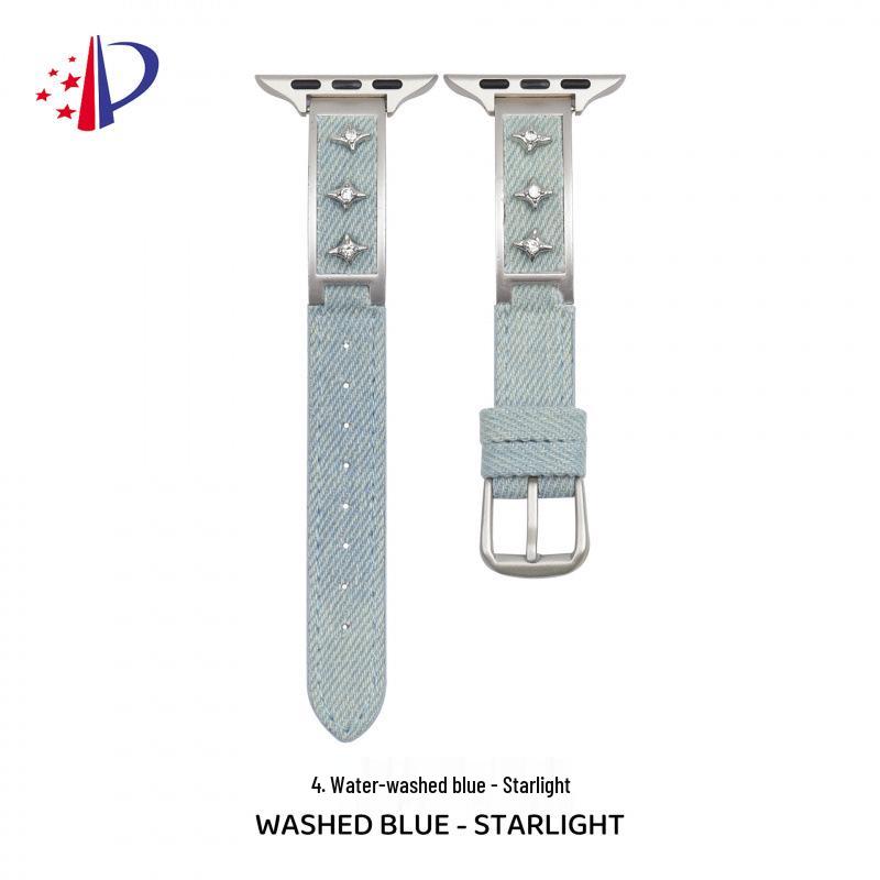 Starry Denim Leather Strap for Apple Watch 11, iWatch 109876E, Huawei GT6, and Xiaomi 9 Pro.