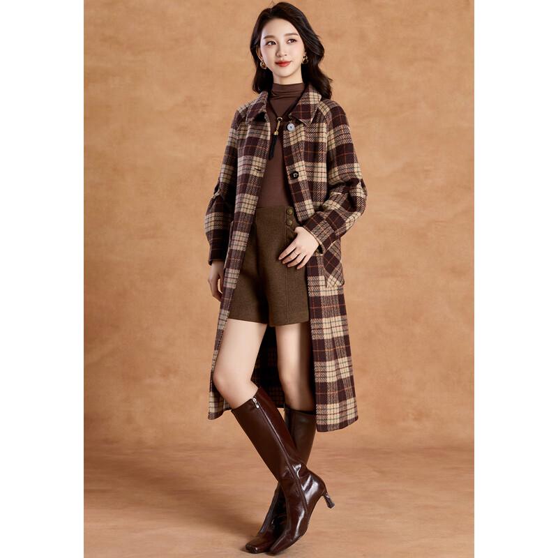 Women's Elegant Vintage Plaid Wool Blend Mid-Length Coat