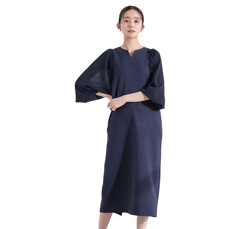 

[Nano Universe] Sheer volume sleeve combination one piece ladies F 120 navy 673-5119320