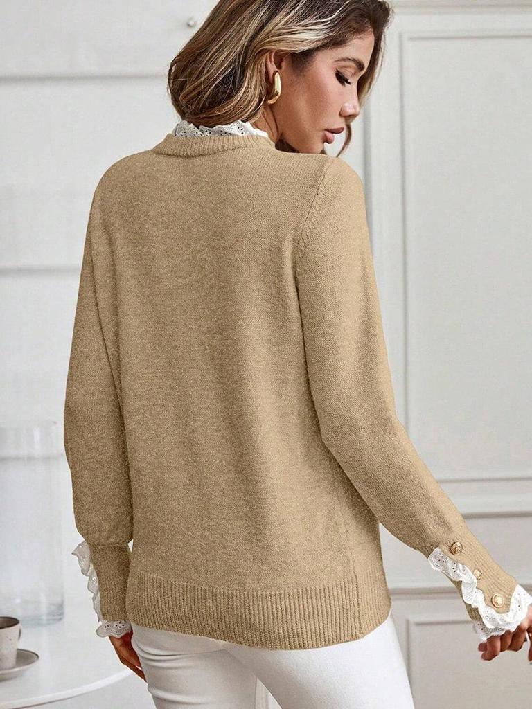 2025 Autumn/Winter Women's Solid Color Pullover Sweater - European & American Fashion, Playful Lace Patchwork, Long Sleeve, Thick Top.