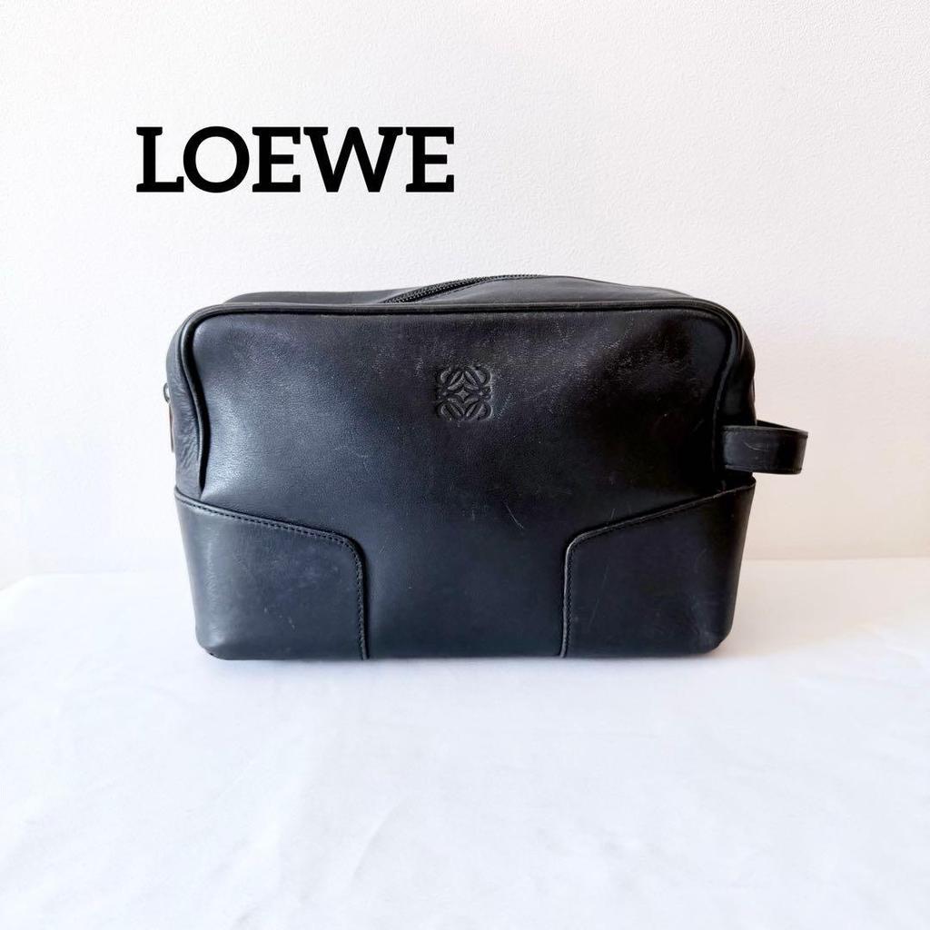 Used LOEWE Anagram Leather Second Bag Travel Pouch Black