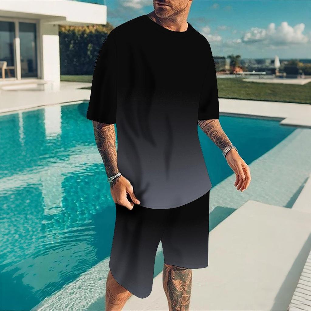 Men Black Grey Gradient Short Sleeve T Shirt And Matching Knee Shorts Two Piece Outfit