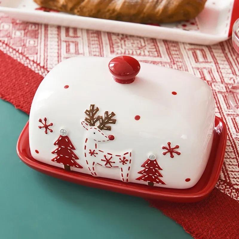 Nordic Santa Claus Elk Ceramic Butter Dish with Lid Christmas Party Cakes Sweets Desserts Plate Cheese Tray Snack Dessert Dish