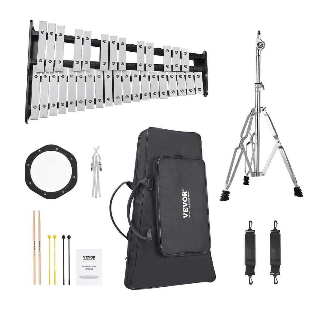 32 Note Glockenspiel Xylophone Bell Kit with Mallets, Stand & Practice Pad
