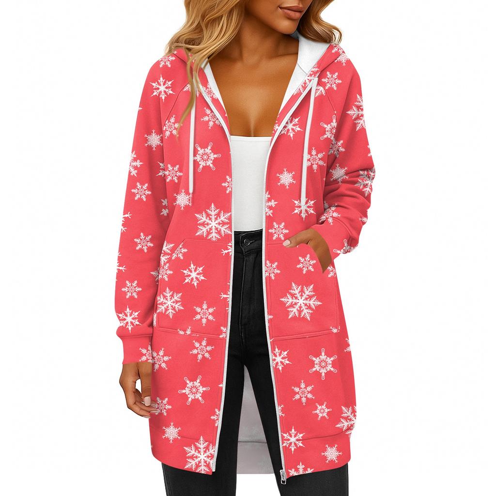 Women's Fashionable Christmas Printed Long Sleeved Drawstring Hooded Zipper Pocket Long Casual Sweatshirt Jacket