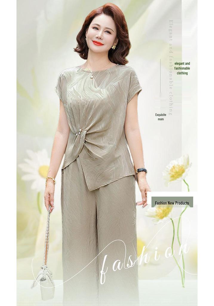 Elegant Summer Set: Stylish Short-Sleeved Top & Large Size Two-Piece for Middle-Aged & Elderly Moms - 2026 Collection