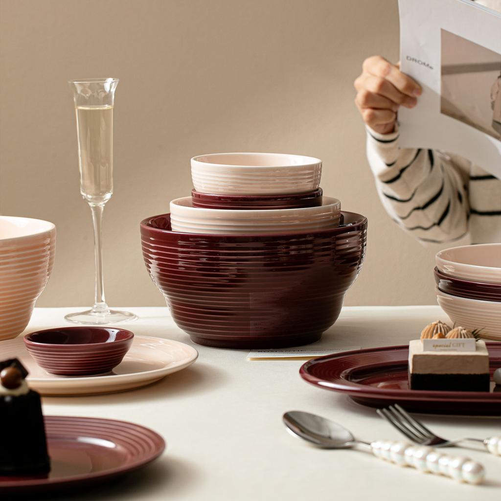 Simple Threaded Tableware Set, Bowls And Plates, Soup Bowls And Plates, Ceramic Creative Household Housewarming Bowls, Tableware And Chopsticks