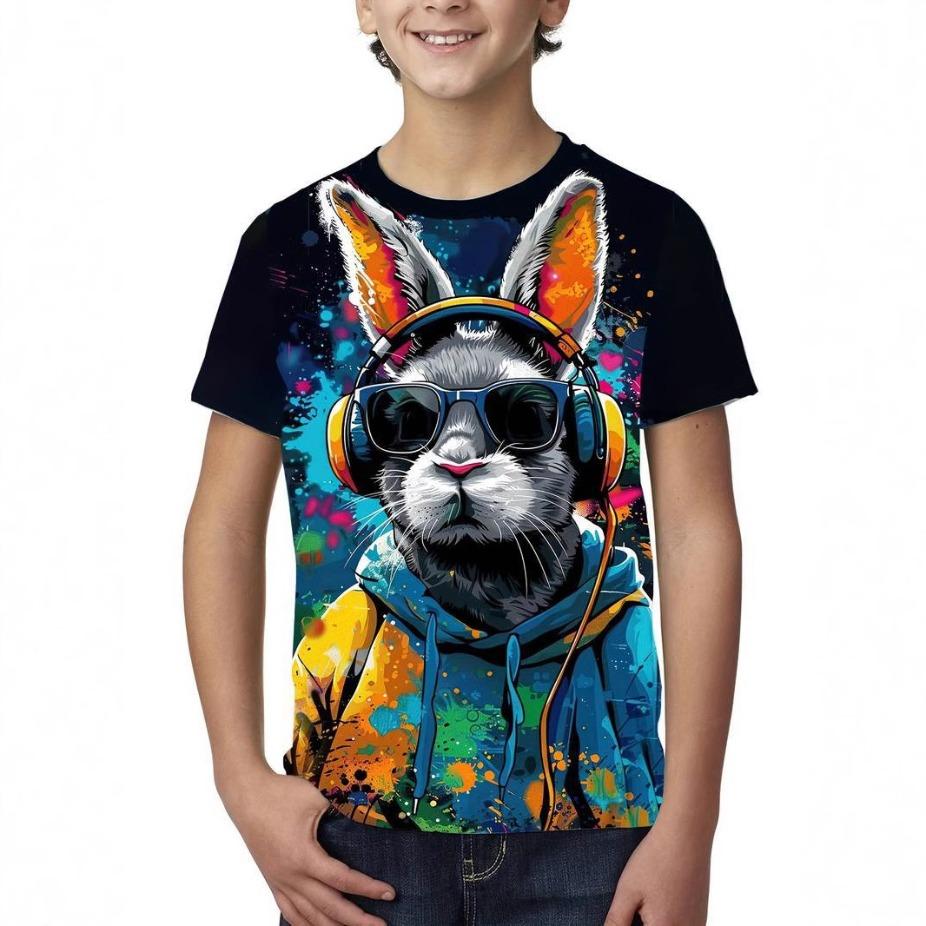 Summer Round Neck 3D Cartoon Rabbit Printed Top Fashionable Casual Short Sleeved Children's Boy T-shirts