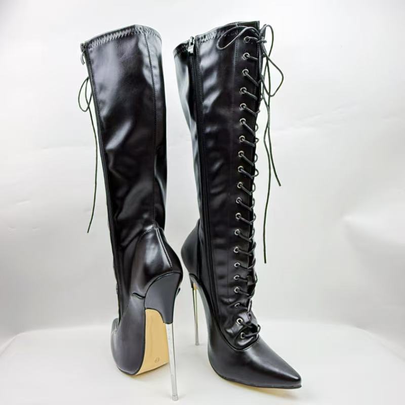 

18смSM Фетиш Ботфорты Женские Балетки Шпильки Шнуровка Индивидуальная Широкая или Узкая Посадка Ноги Унисекс Ботинки Шпильки Обувь 46 матовый черный