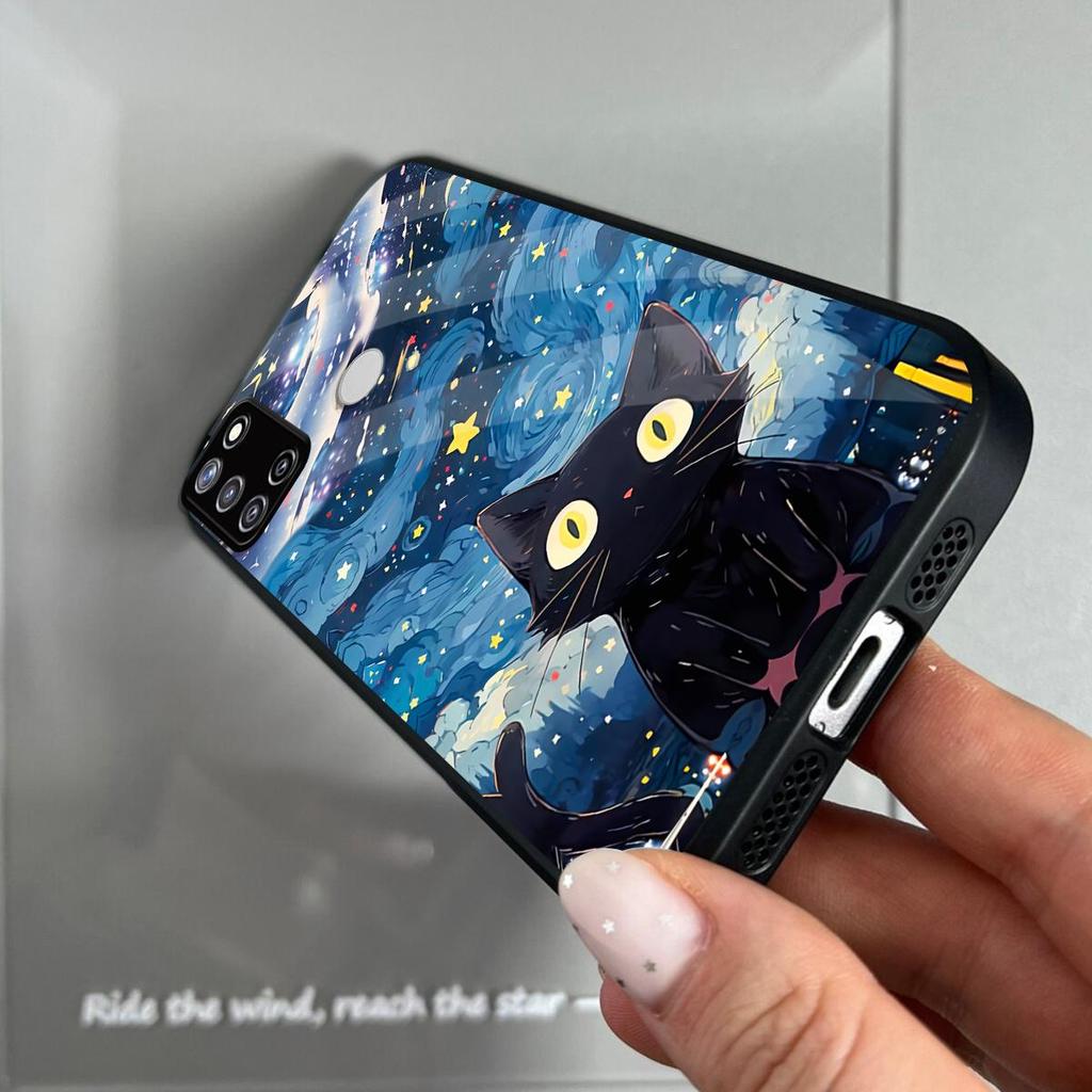 Case for realme C17 7i Anime Black Cat Starry Cloud Print Phone Cover Acrylic Hard Back Shell With Flexible TPU Edge