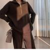 European and American style turtleneck zipper pullover sweater knitted suit women's autumn and winter loose wide-leg pants two-piece set