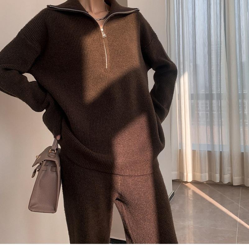 European and American style turtleneck zipper pullover sweater knitted suit women's autumn and winter loose wide-leg pants two-piece set