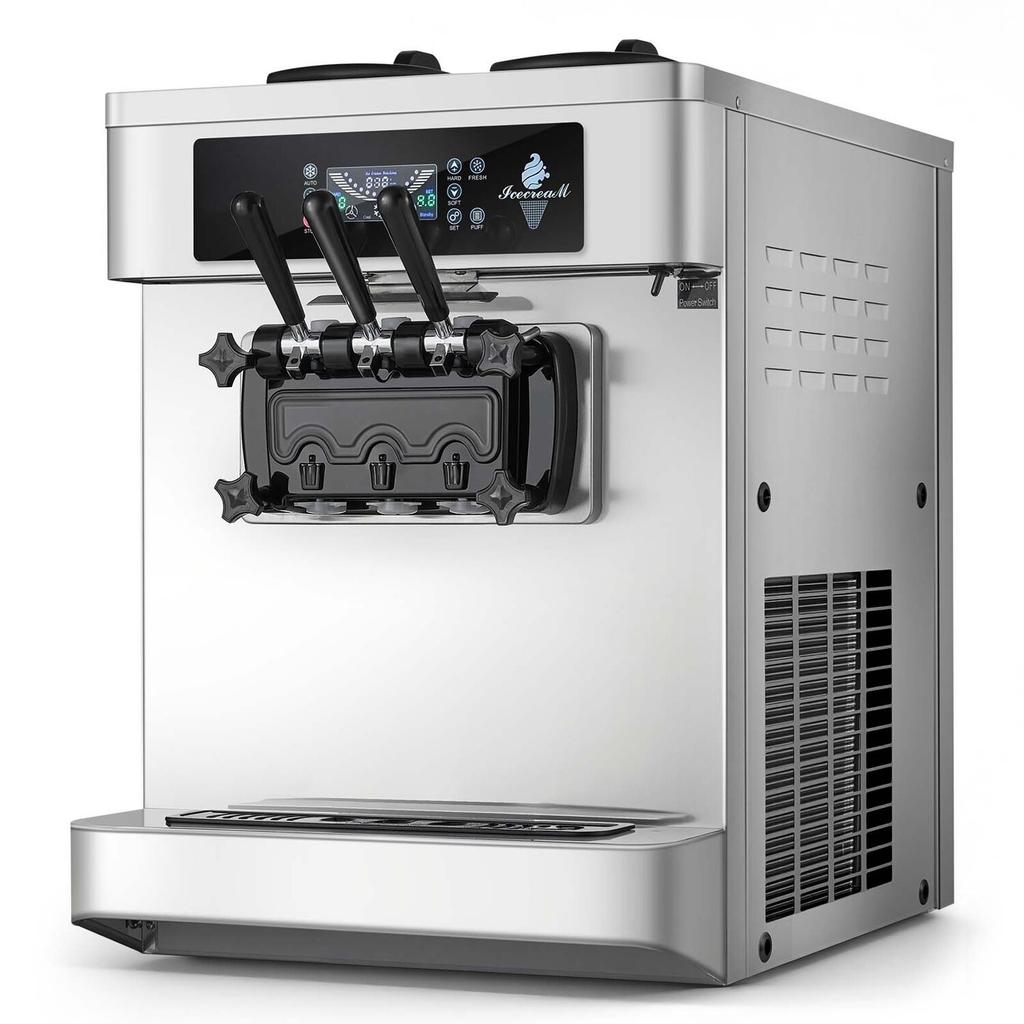 Commercial Ice Cream Machine, 20-28L/H Yield, 2200W 3-Flavor Countertop Soft Serve Ice Cream Maker with 2 X 6L Hoppers & Built-In Puffing Pump,